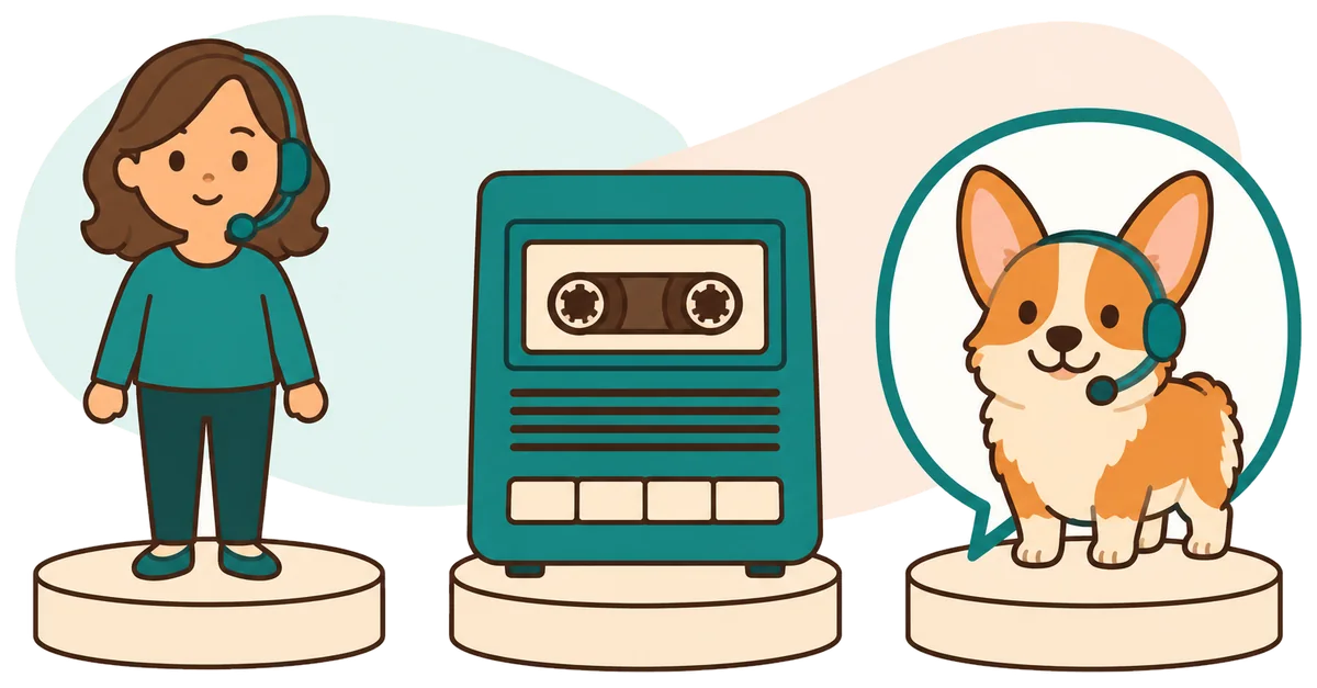 Illustration: a person with a headset, an answering machine and the corgi receptionist, side by side