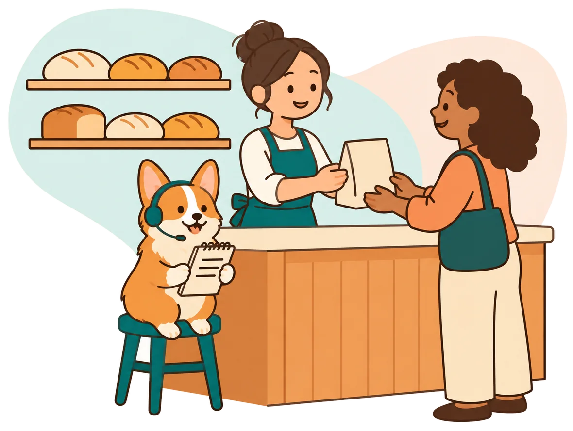 Illustration: a bakery owner hands a bag to a customer while the RingCorgi corgi, wearing a headset, takes a phone call by the counter