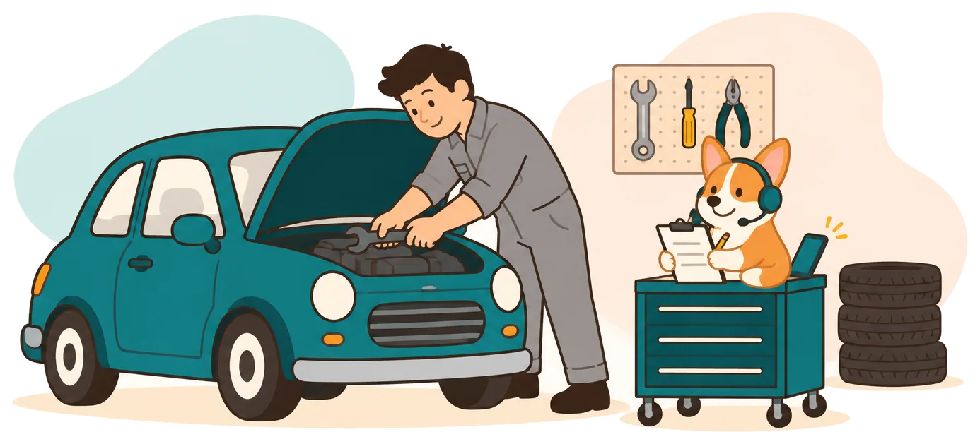 Illustration: a mechanic works under a car hood while the corgi answers his phone and writes notes on a clipboard